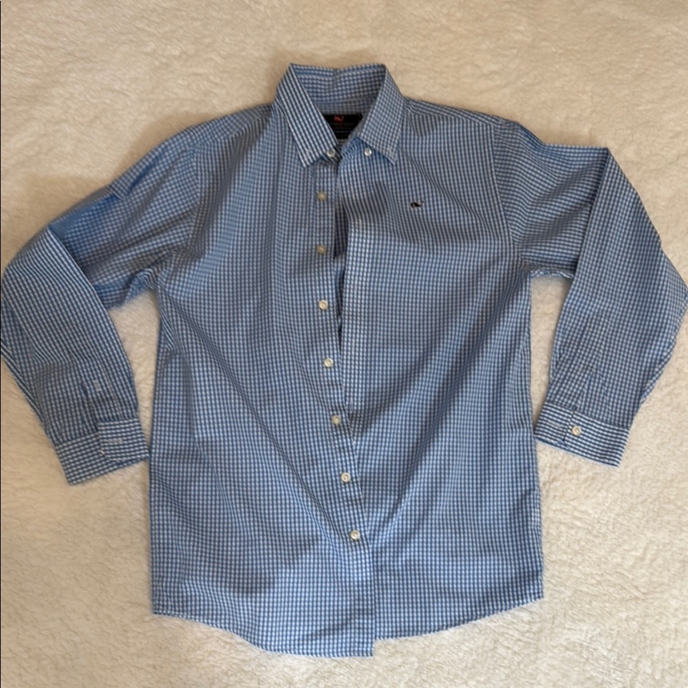 Boys blue and white gingham button down